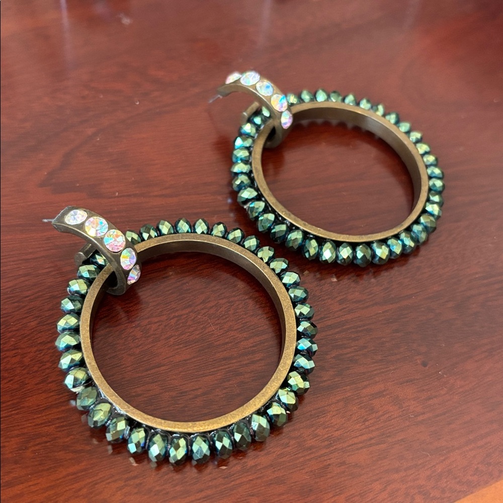 Betsey Johnson sparkly vintage green beaded brass large hoop statement earrings